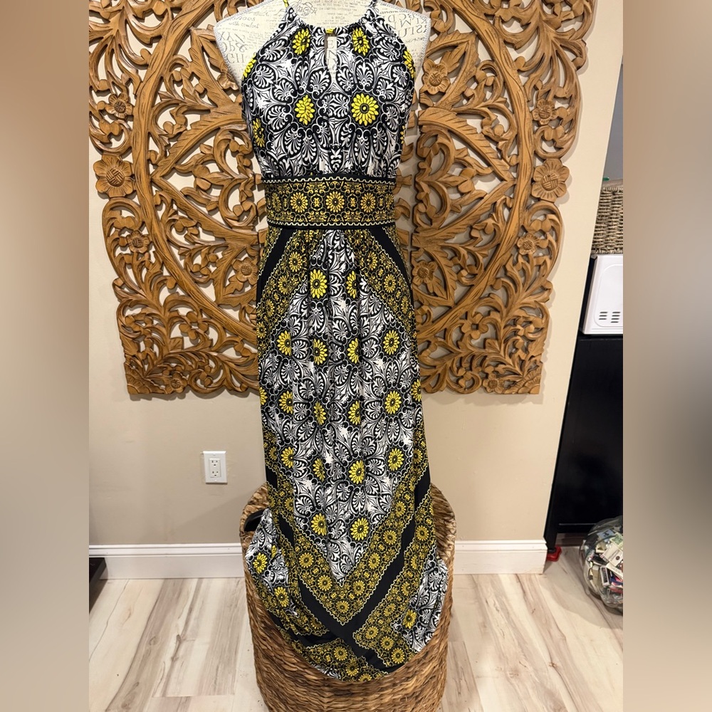 London Times Black and Yellow Halter Maxi Dress